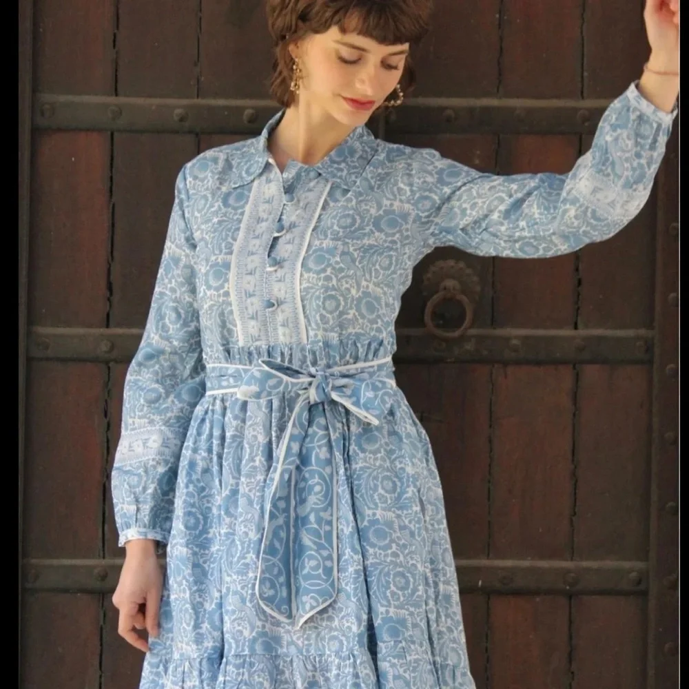 Cyclamen Jaipur Block Print Cotton Midi Dress Blue Peacock Prairie Cottagecore S
